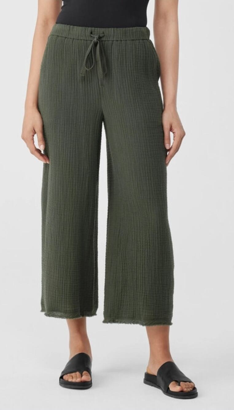 Eileen Fisher organic cotton Gauze wide leg pant olive green M cropped